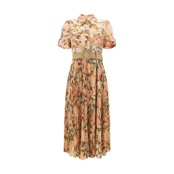 Zimmermann Pop Pleated Belted Midi Shirt Dress SS24 - Gold/Peach Floral $950 - Picture 3 of 9